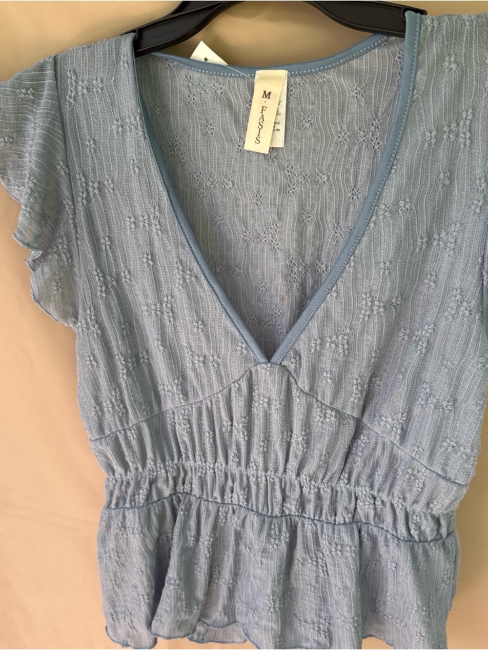 M. Fasis  Light Blue V-Neck Textured Peplum Top